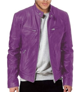 Giacca slim fit viola in ecopelle da uomo con collo alla coreana e quattro tasche zip