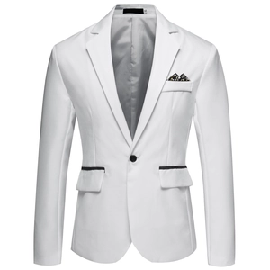 Slim fit white single-breasted blazer for men with floral pocket square and black piping detail
