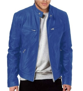 Giacca da uomo slim in ecopelle blu brillante con collo alto e tasche a zip