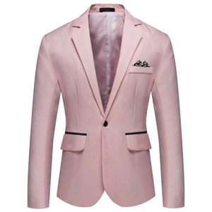 Slim fit single breasted pink blazer for men featuring floral pocket square detail