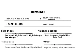 Size chart for men's casual pants showing M-5XL range and fabric specifications