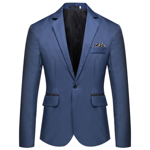 Slim fit men's indigo blue blazer with single button closure and contrast pocket trim