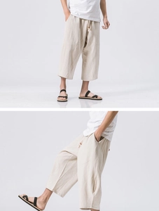 Front and side view of men's loose linen cropped trousers with drawstring waist
