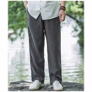 Men's dark grey breathable linen blend trousers with drawstring waist for summer