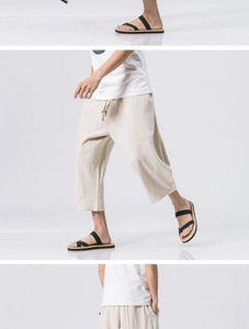 Detailed views of men's linen cropped pants showing fabric texture and loose fit