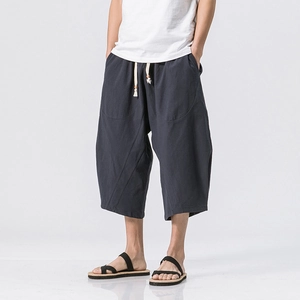 Men's loose dark gray linen cropped pants with drawstring and retro oriental style