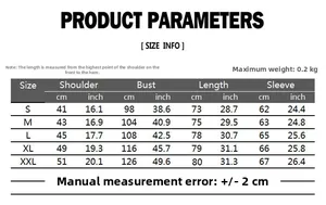 Detailed size chart for men long sleeve shirt from S to XXL with metric measurements