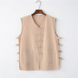 Gilet uomo vintage in cotone e lino con bottoni cinesi e design traforato laterale