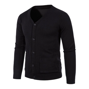 Classic black V-neck knit cardigan for men featuring five buttons and dual front pockets