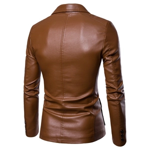 Back view of a slim fit men's amber brown PU leather jacket with tailored stitching details