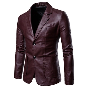 Slim fit men's faux leather biker jacket in deep burgundy with notch lapel and two buttons