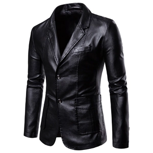Slim fit black faux leather blazer for men featuring a classic notch lapel and two-button closure