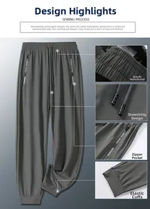 Detail of men's ice silk trousers featuring elastic drawstring waist and zipper pocket