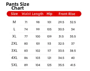 Detailed size chart for men cotton linen trousers with waist and length measurements