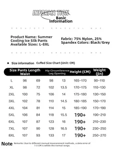 Detailed size chart for men's ice silk trousers from L to 8XL with measurements