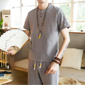 Detailed close-up of Chinese style linen shirt collar with traditional button and drawstring