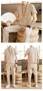 Detail of men's linen short sleeve set in khaki showing texture and relaxed fit