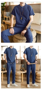 Close-up of men's linen Chinese style set with navy blue short sleeve shirt and casual pants