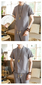 Close-up of gray cotton linen men's Chinese style two-piece set with mandarin collar detail