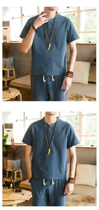 Detail of navy blue cotton linen Chinese style shirt with stand collar and buttons
