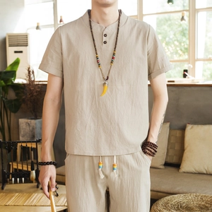 Men Casual Cotton Linen 2-Piece Set Chinese Style Henley Neck Short Sleeve Top And Pants Retro Zen Summer Clothing For Men