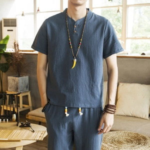 Men's navy blue cotton linen set with Henley neck short sleeve shirt and long pants