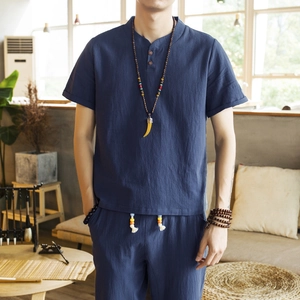Men's blue cotton linen casual set with short sleeve Henley shirt and cropped pants