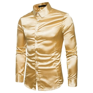 Camisa de vestir de manga larga para hombre en tela de satén dorado brillante