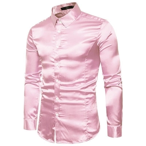Camisa de satén rosa claro para hombre de manga larga entallada con acabado brillante
