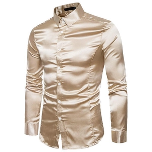 Camisa de hombre de manga larga en satén oro champán, estilo sedoso de moda