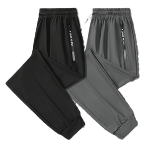 Men's ice silk high elastic joggers in black and grey with zip pockets and cuffed hems