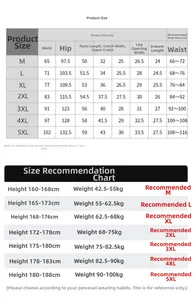 Detailed size guide for men's linen shorts with waist and hip measurements from M to 5XL