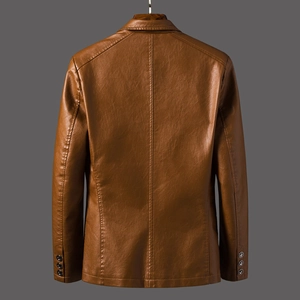 Men's slim fit caramel PU leather blazer jacket with stylish rear seam detailing