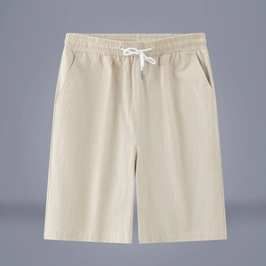 Men's breathable linen cotton casual shorts with elastic drawstring waist in khaki color