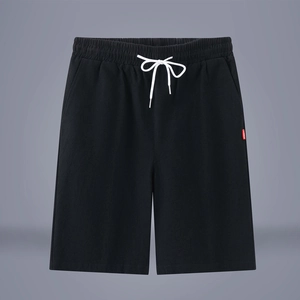 Men's black linen blend shorts with white drawstring and woven brand label detail