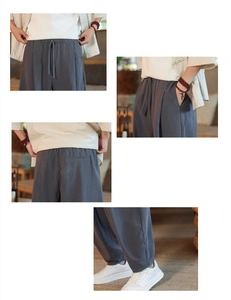 Dettaglio dei pantaloni da uomo in cotone e lino grigio scuro con coulisse e tasche laterali