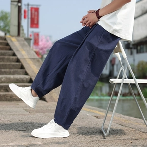 Pantaloni Casual da Uomo in Stile Cinese Cotone Lino Vestibilità Larga Gamba Larga Harem Pantaloni Zen Coulisse Estate