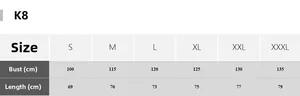 Detailed size chart for men's casual jacket K8 with chest and length in cm