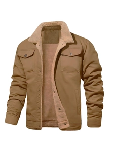 Detail of men's tan work jacket showing warm beige fleece lining and collar texture