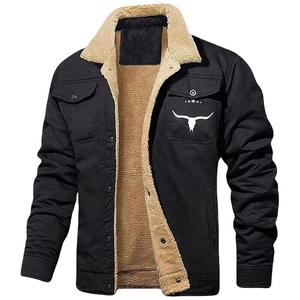Men's black canvas work jacket with warm sherpa lining and bull skull print design