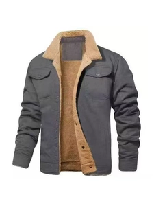 Men's dark grey fleece-lined work jacket with sherpa collar and dual chest pockets