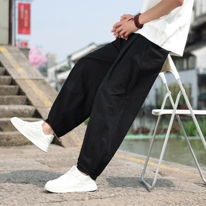 Pantaloni larghi da uomo in cotone e lino neri stile cinese con fondo a costine e vestibilità