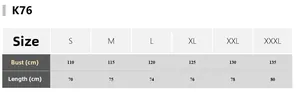 Size chart table for men's fleece cotton jacket with chest and length measurements