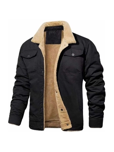 Men's black canvas work jacket with beige sherpa lining and fleece collar