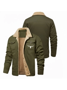 Veste cargo homme vert armée doublée polaire avec col sherpa et motif taureau