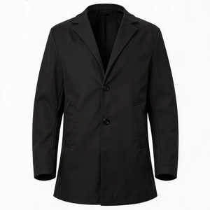 Classic black business casual trench coat for men with a double-button notched lapel