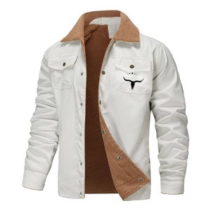 Men's sherpa-lined winter work jacket with bull skull print and button-up front design
