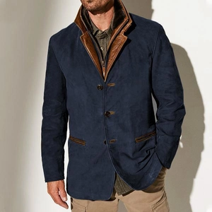 Men's navy casual winter jacket with brown leather trim and warm fleece lining