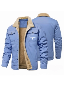 Veste de travail homme bleu ciel doublée polaire avec col mouton et motif tête de bœuf