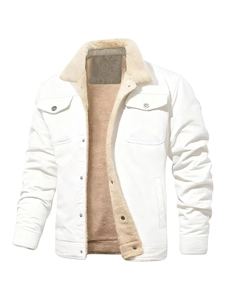 Close-up of men's winter jacket with warm fleece lining and brown faux fur collar detail